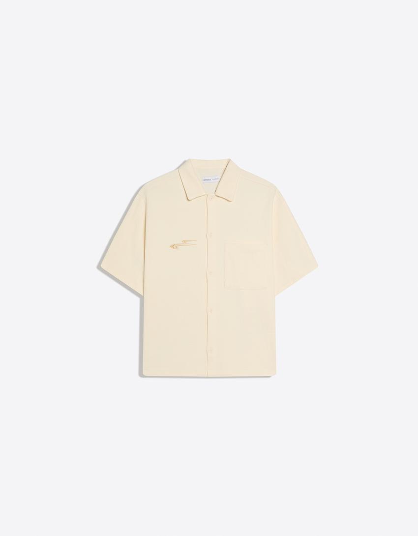 Waffle-knit short sleeve shirt-Off white