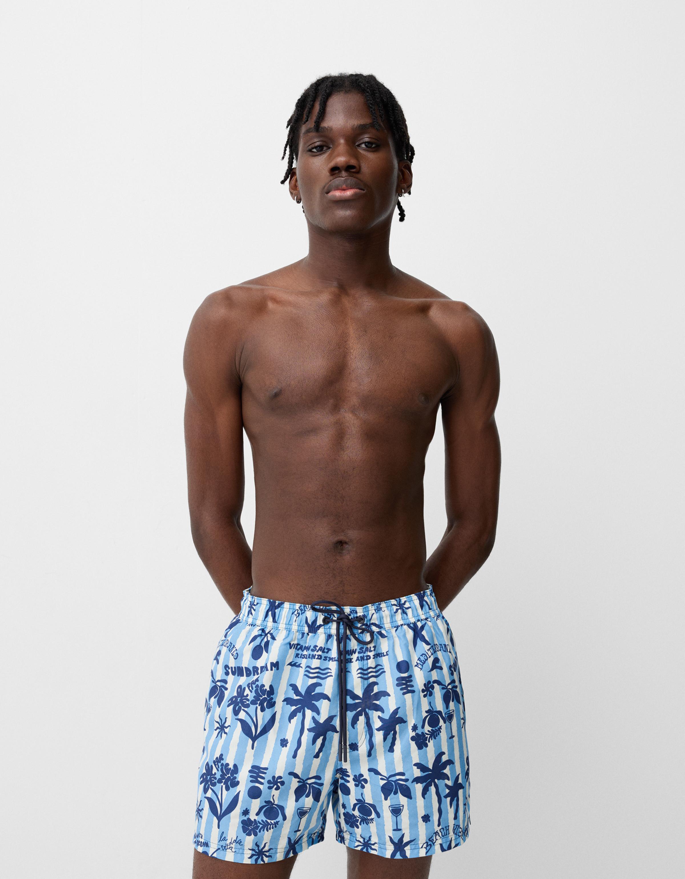 Bershka Badeshorts Print Herren M Blau