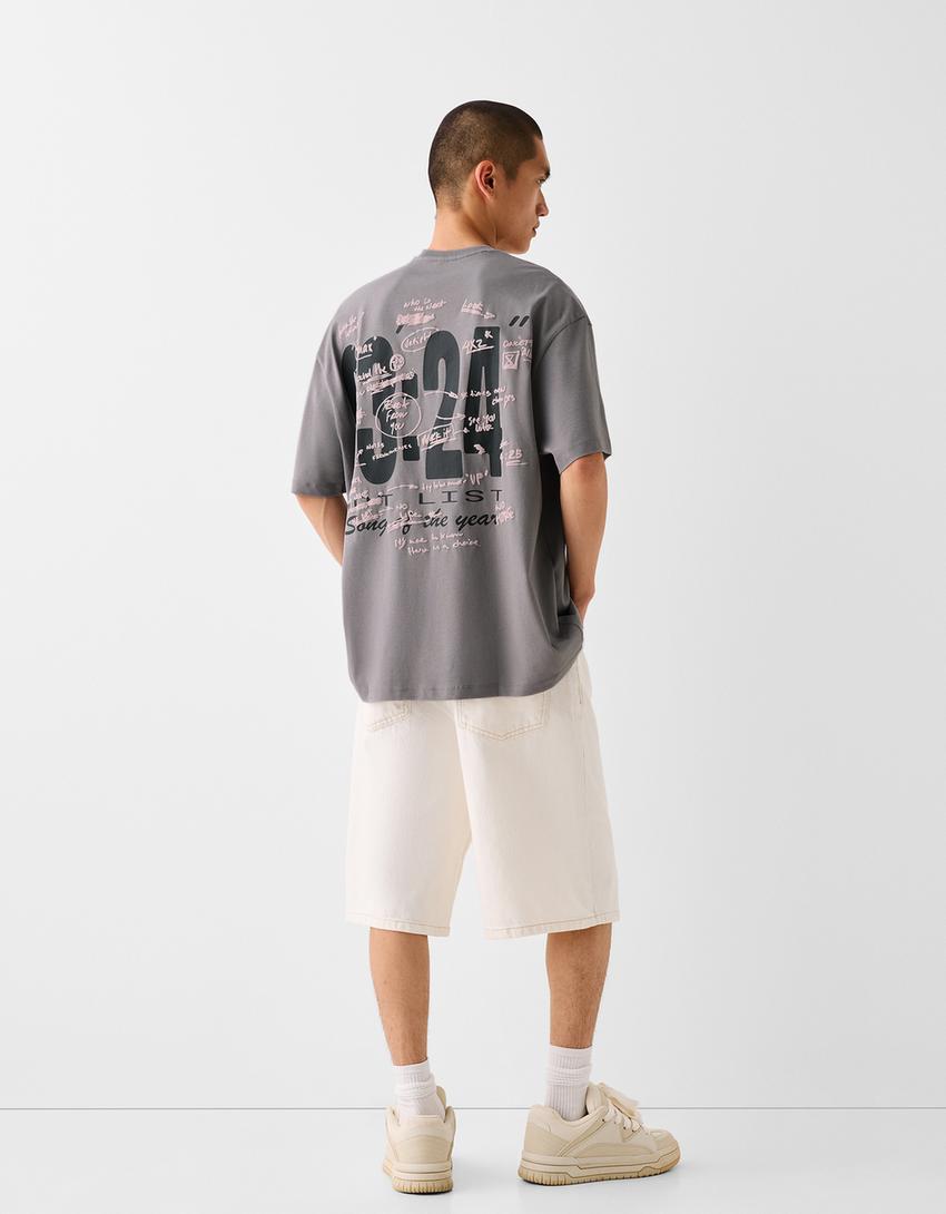 T-shirt boxy manches courtes imprimé-Gris-1