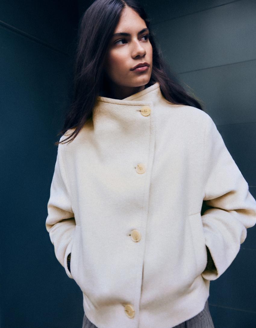 Cropped wrap felt-effect jacket-Cream