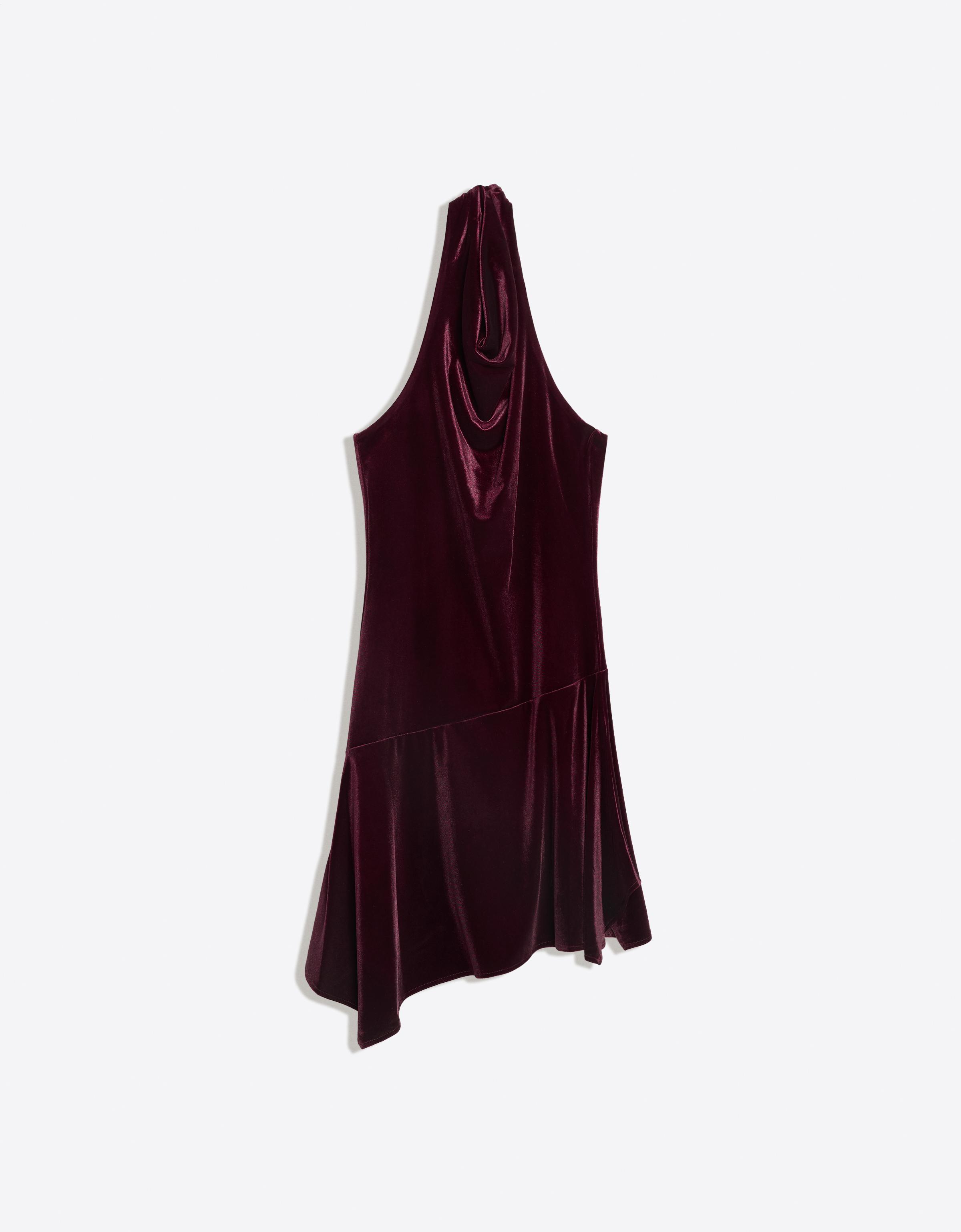 Bershka Drapowana Sukienka Mini Z Aksamitu Typu Halter Kobieta Bordowy
