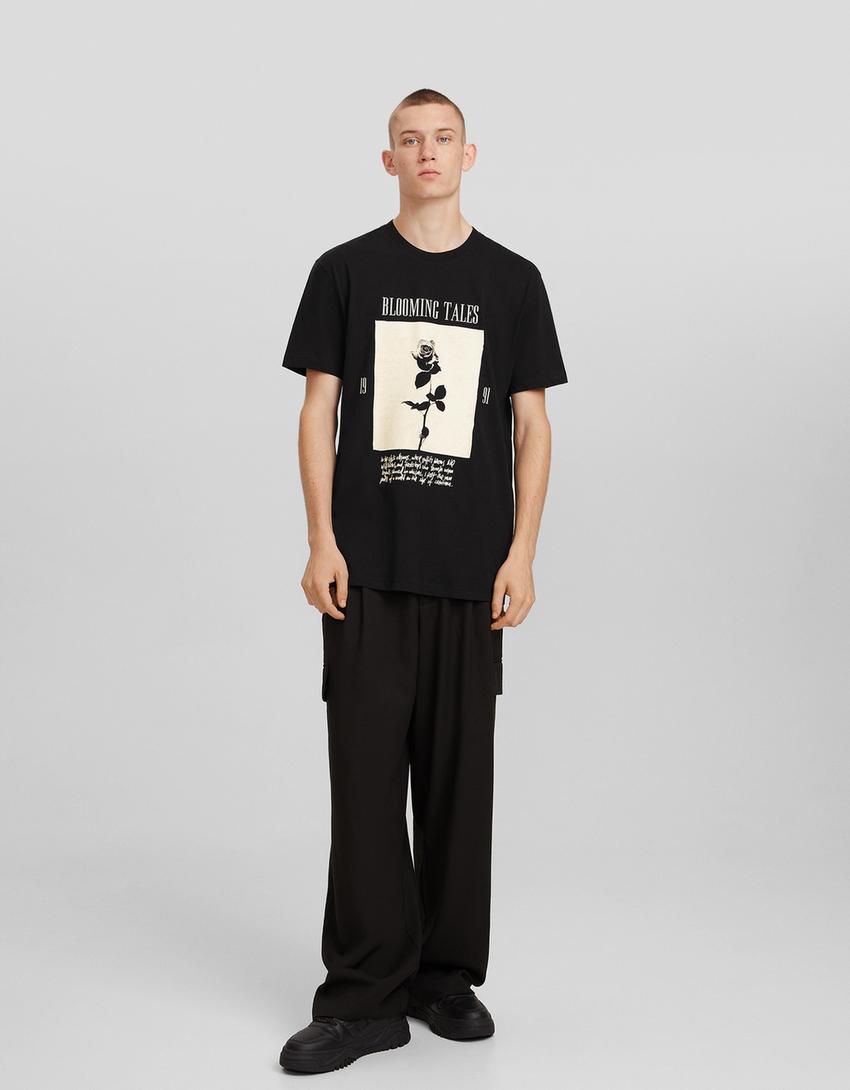 Floral print short sleeve T-shirt-Black-3