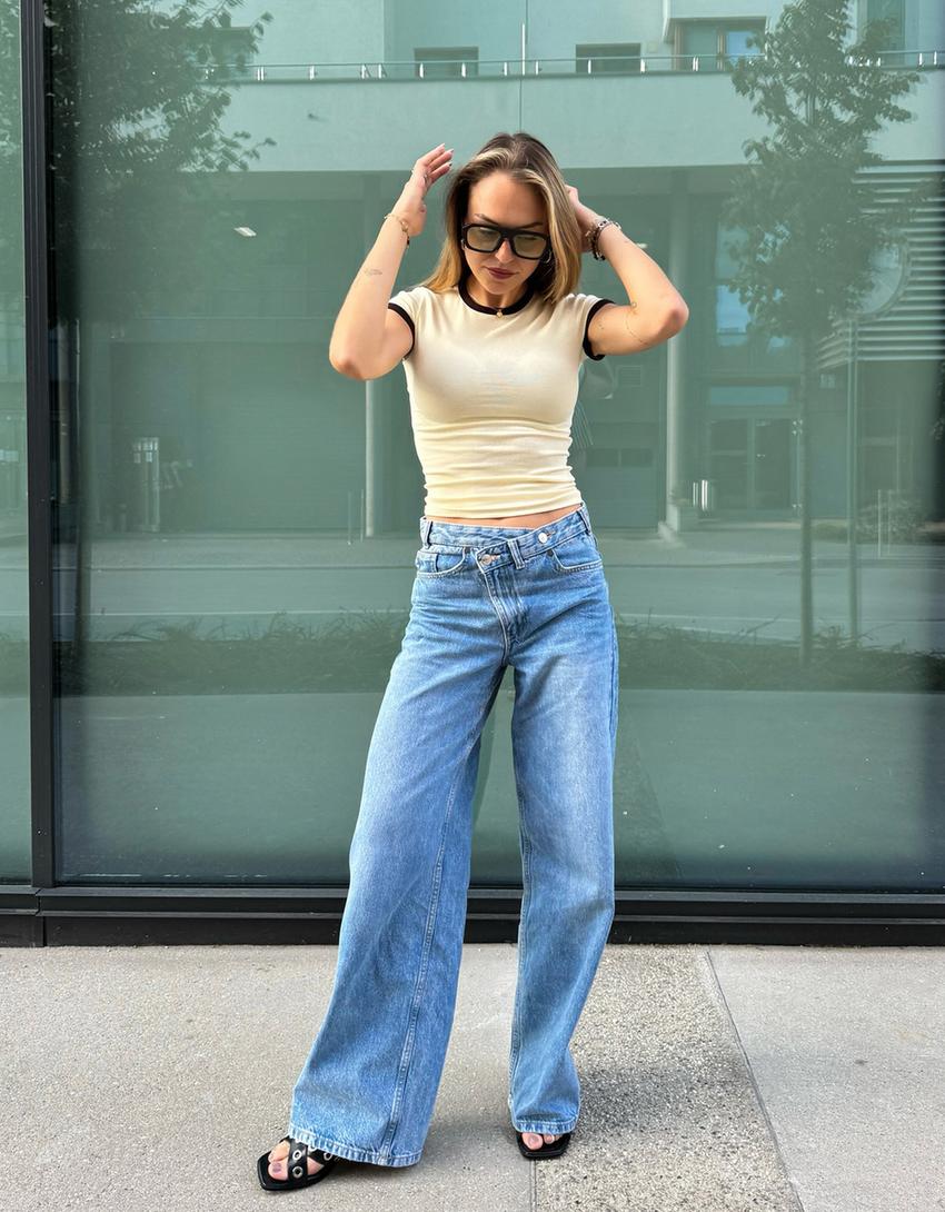 Jeans wide leg taille croisée-Bleu lavé-0