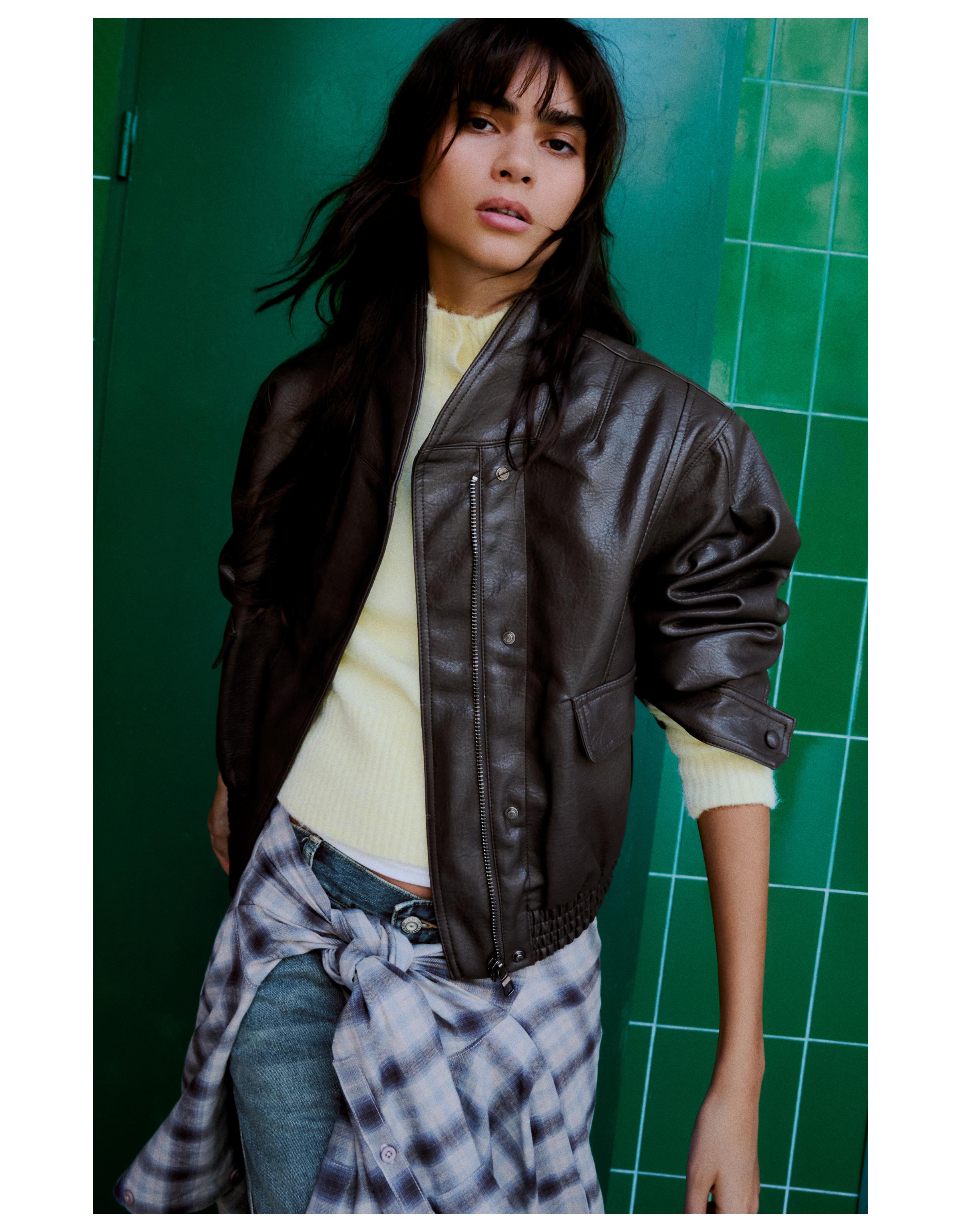 Oversize leather effect jacket with crossover collar — Grey