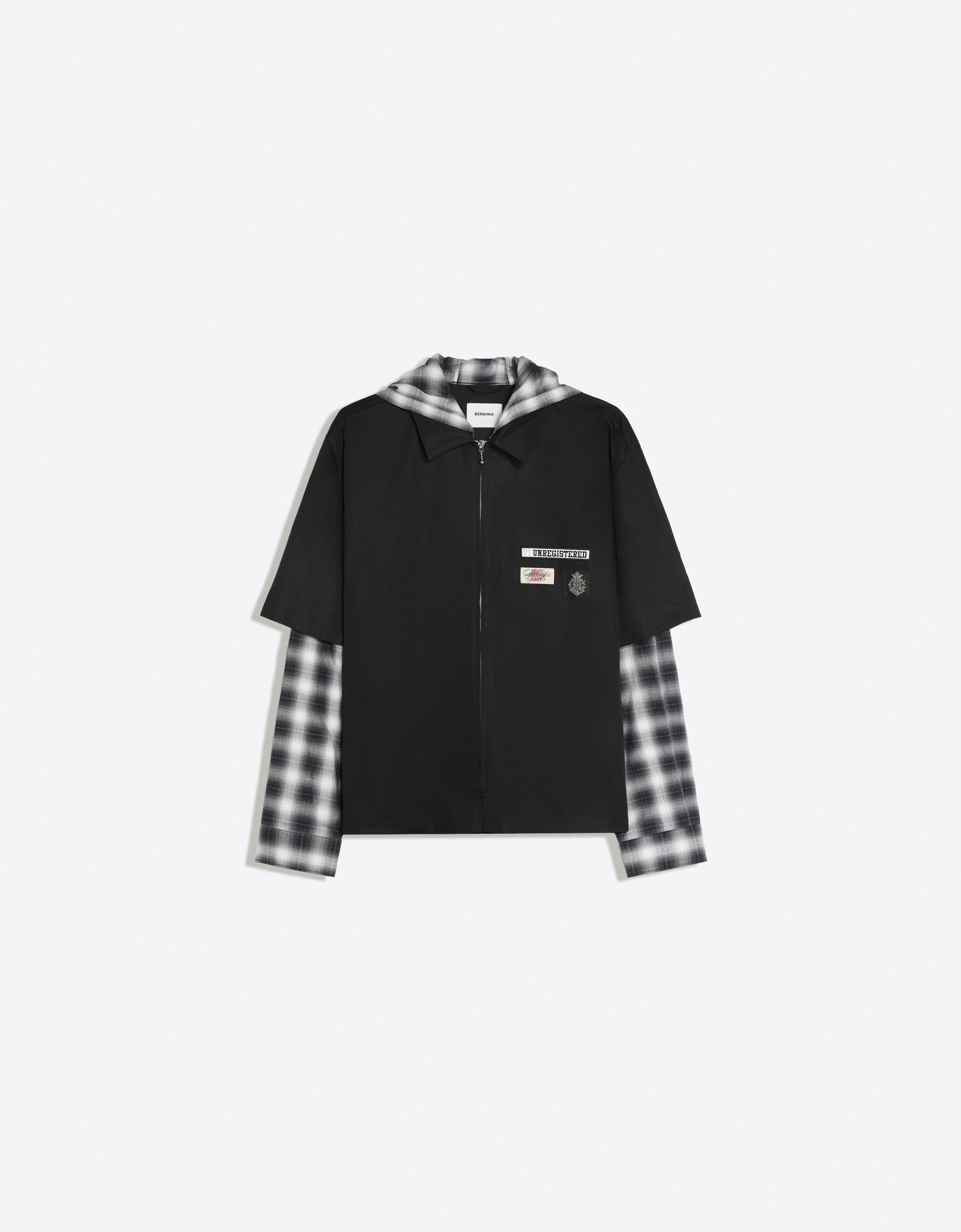 Bershka Camisa Doble Manga Cuadros Capucha Hombre L Negro