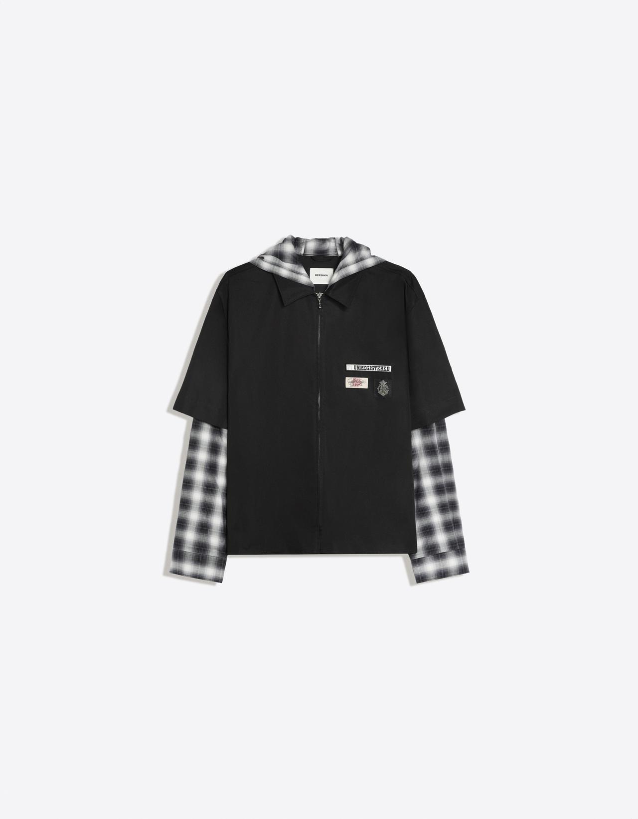 Checked double-sleeve shirt with hood — Black