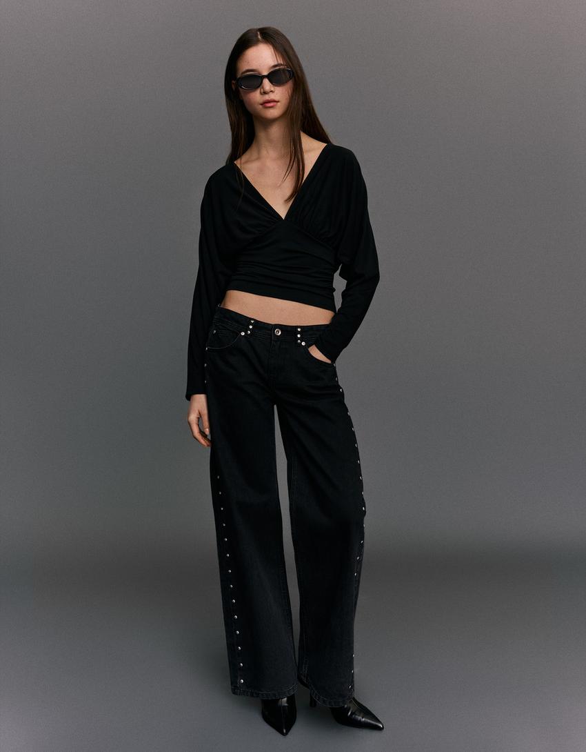 Langarmshirt mit Raffung-Schwarz