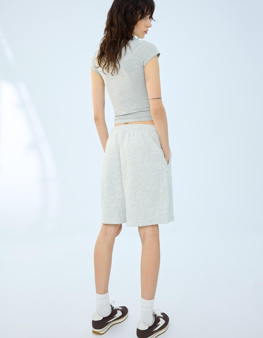 Plush Bermuda shorts with embroidery-Grey-1