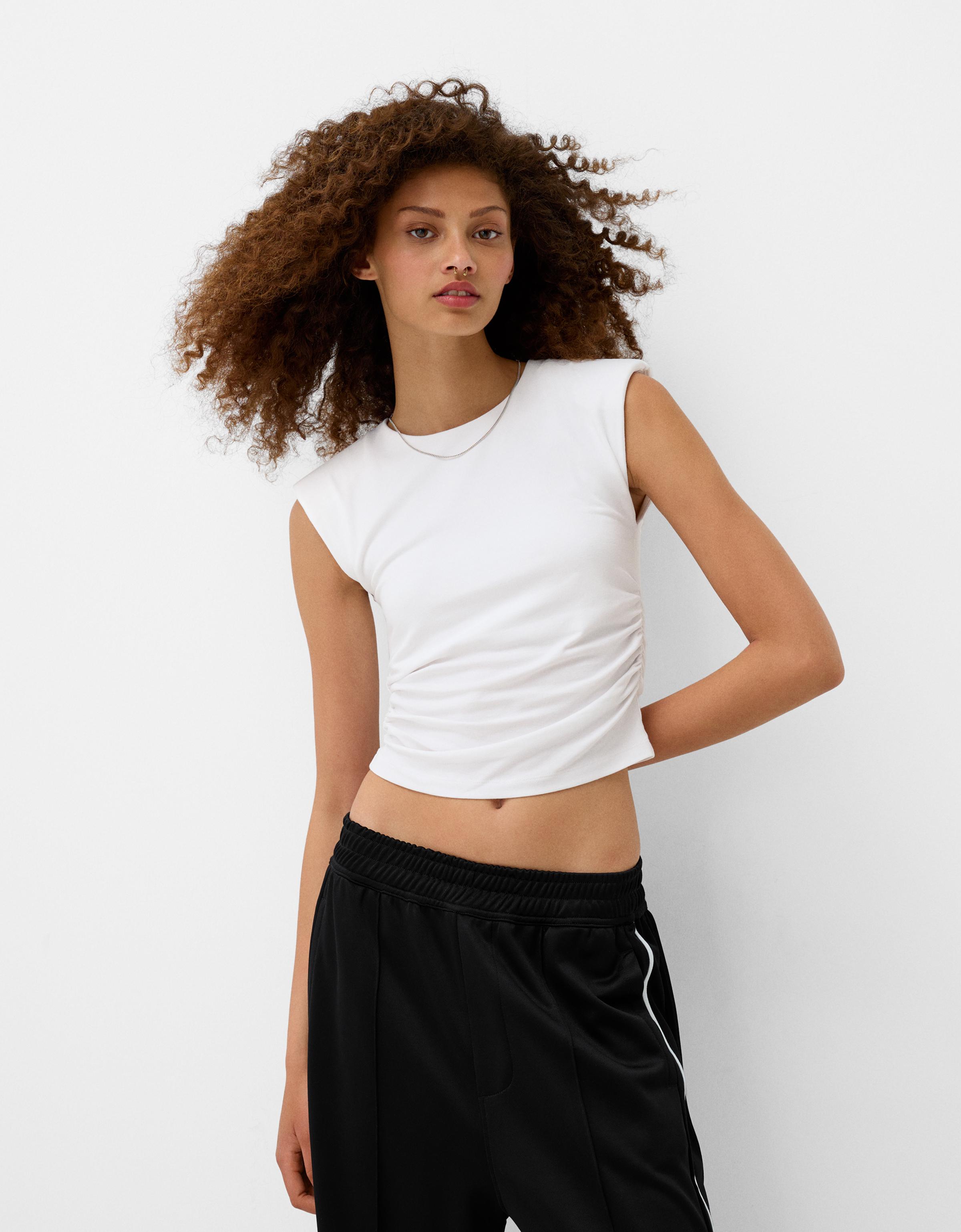 Bershka T-Shirt Mit Schulterpolstern Damen Xs Rohweiß