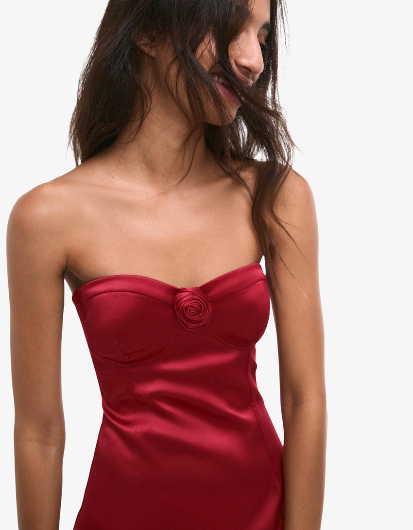 Floral satin mini dress-Coral