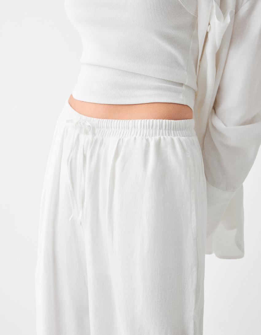Culottes with linen and an elastic waist-Off white-3