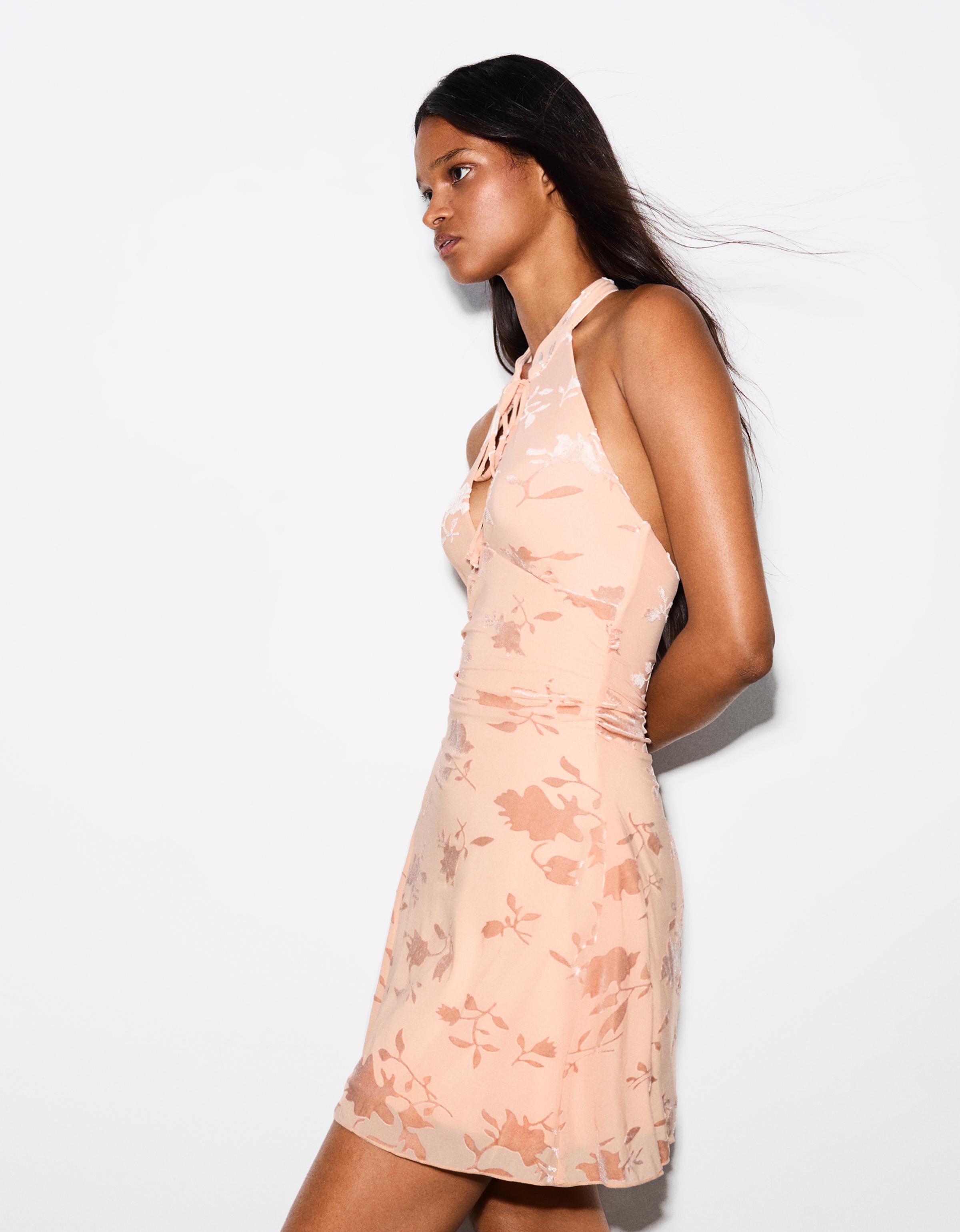 Mini halter dress in flocked tulle — Orange