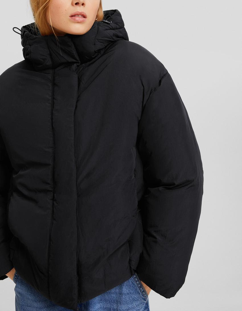 Nylon quilted jacket with hood-Black