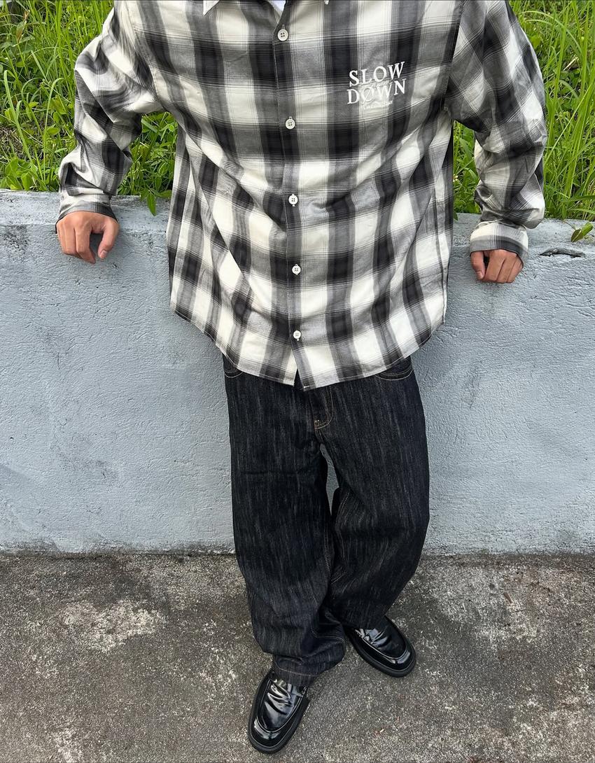 Camisa de manga comprida xadrez bordada-Cinza