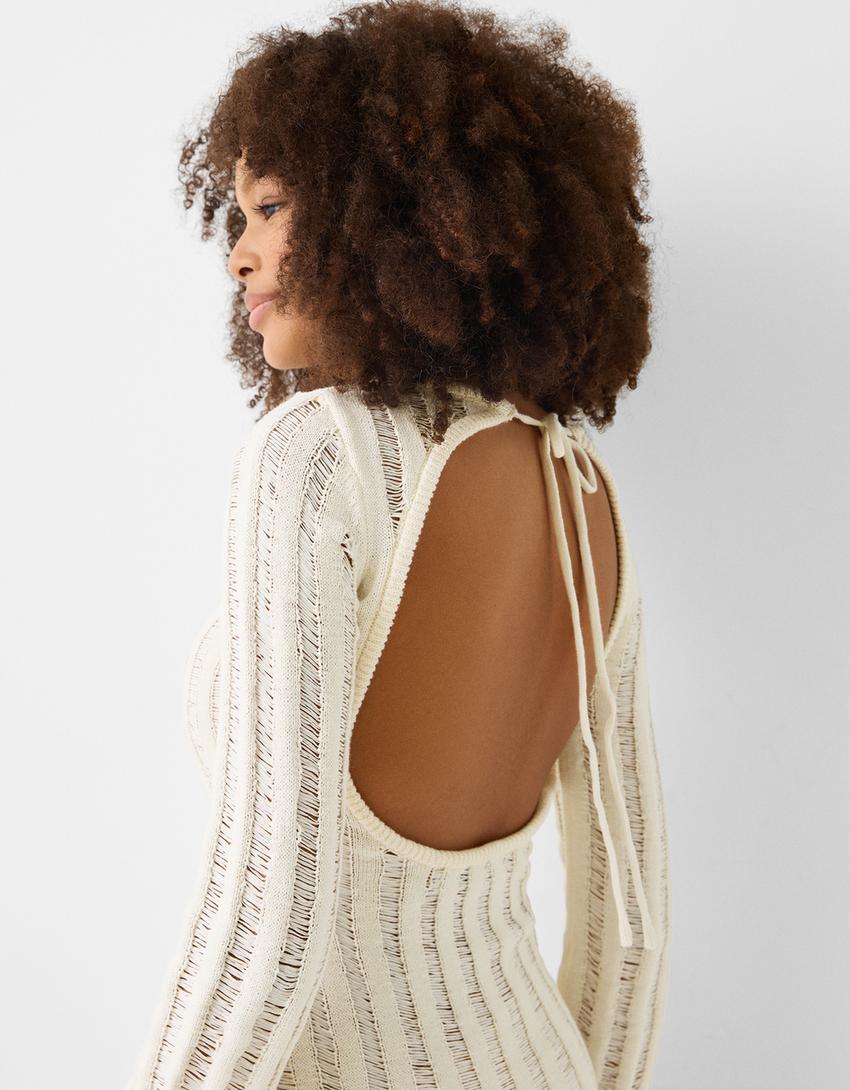 Rustic mini dress with open back-Cream-3