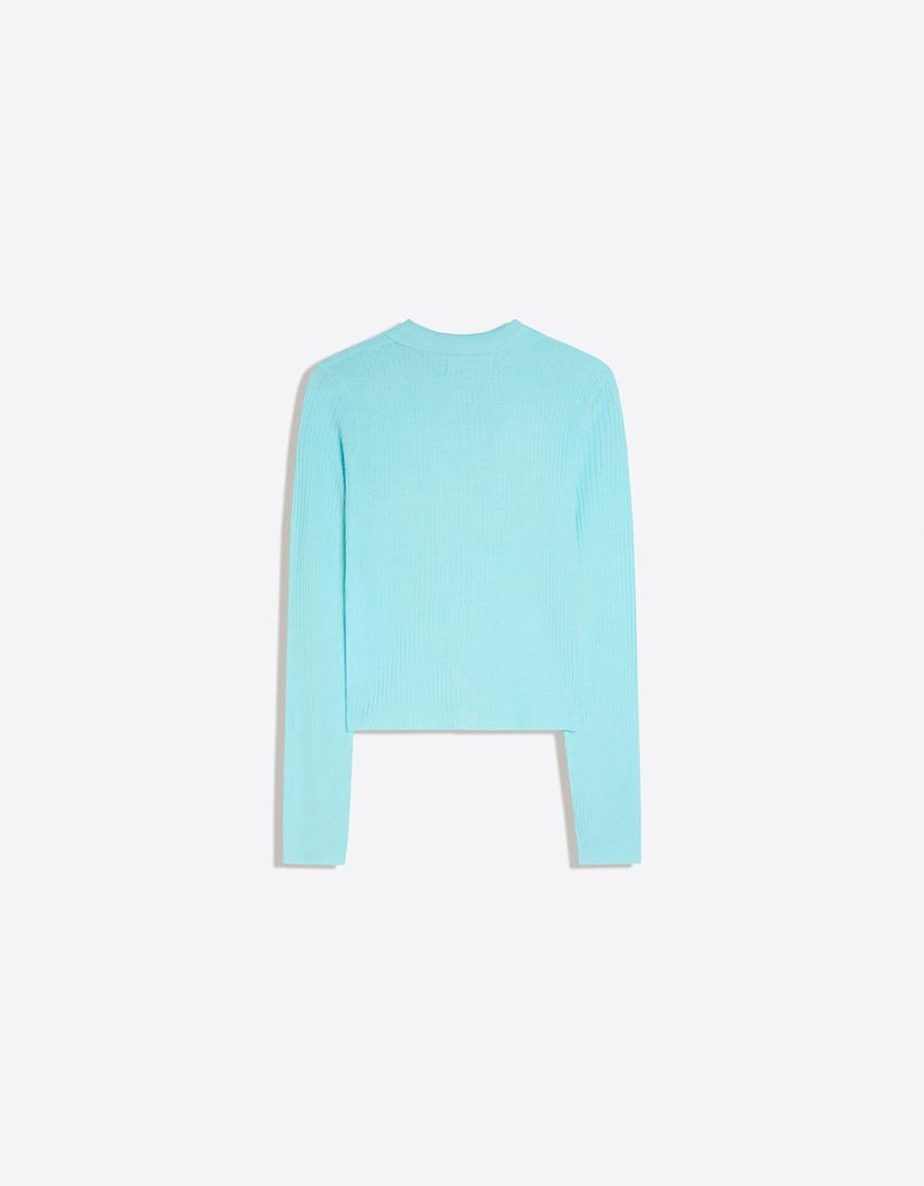 Chaqueta punto fino cuello polo-Azul Claro