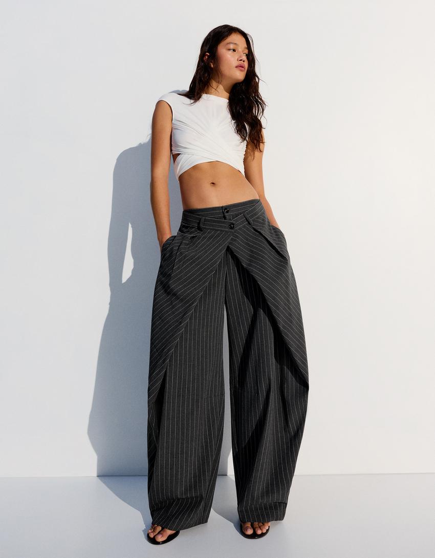 Pantalón pliegues doble botón-Gris