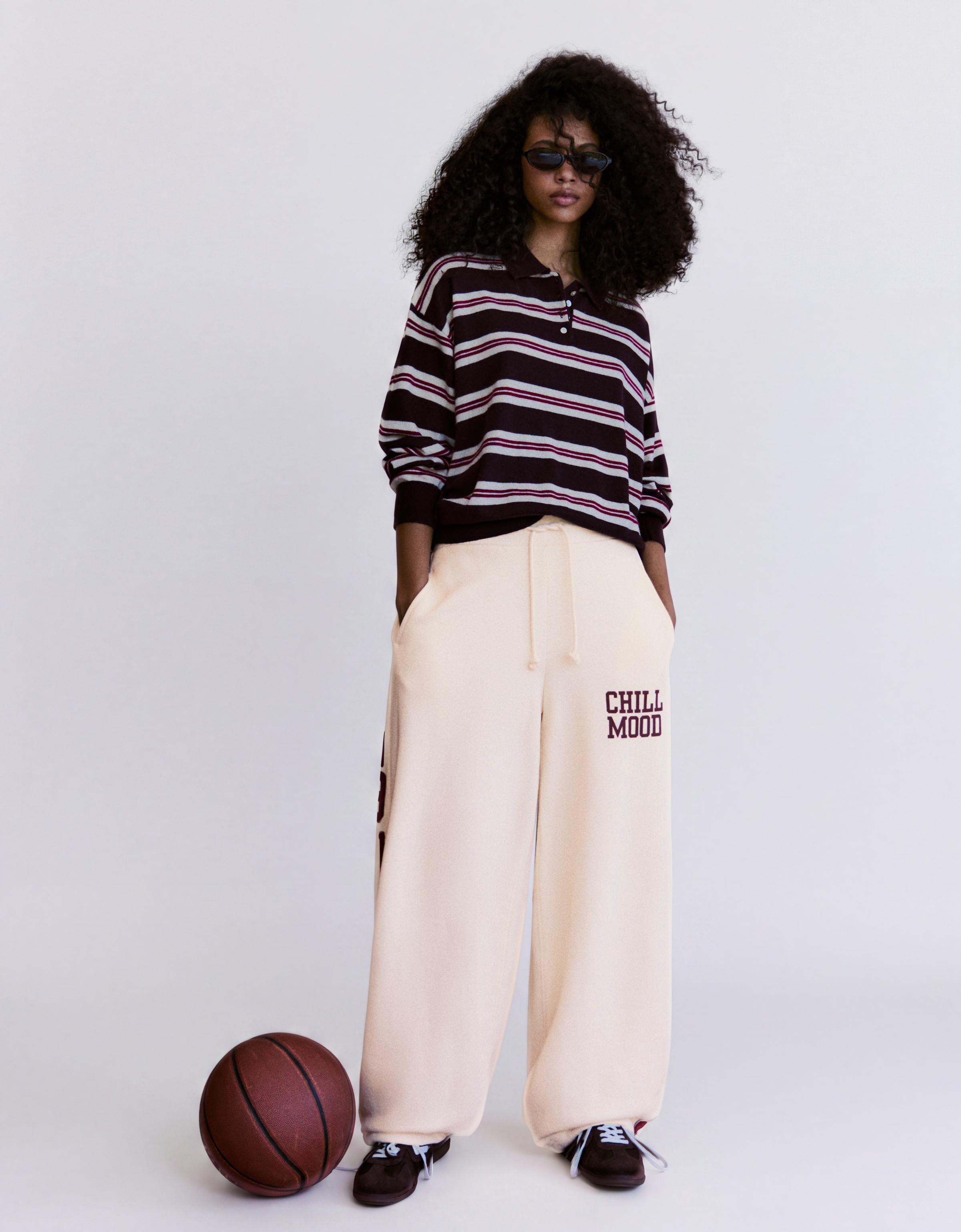 Embroidered wide-leg plush trousers — Cream
