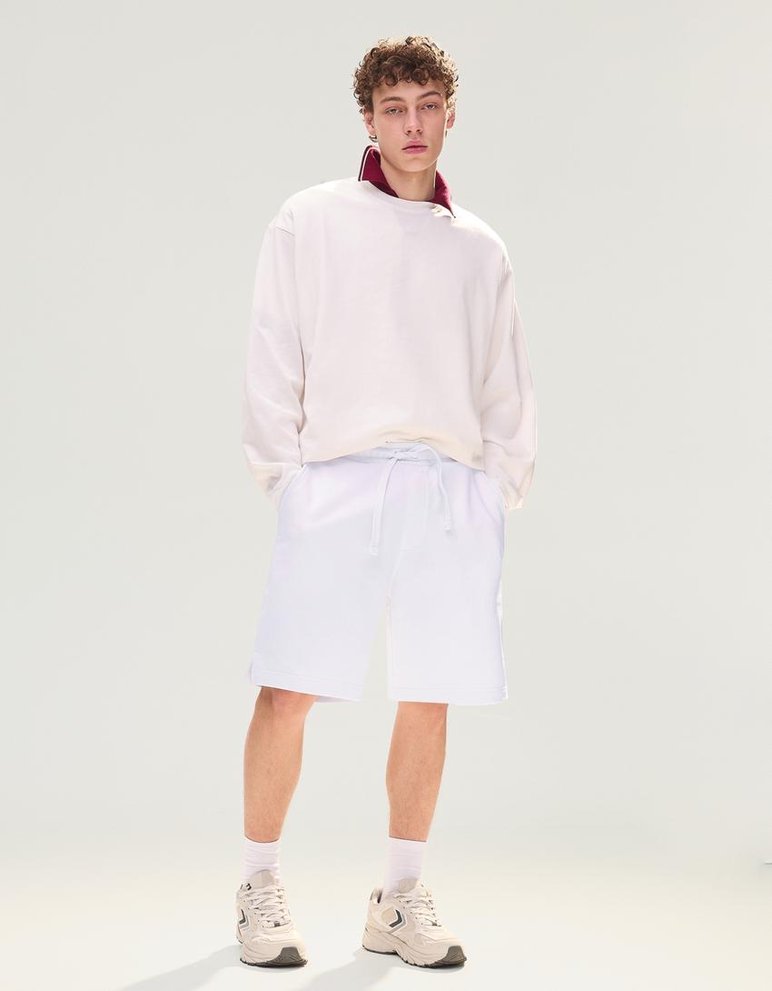 Basic pamuklu bermuda-Beyaz