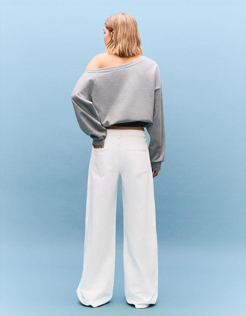 Jeans mit weitem Bein, halbhoher Bund-Rohweiß