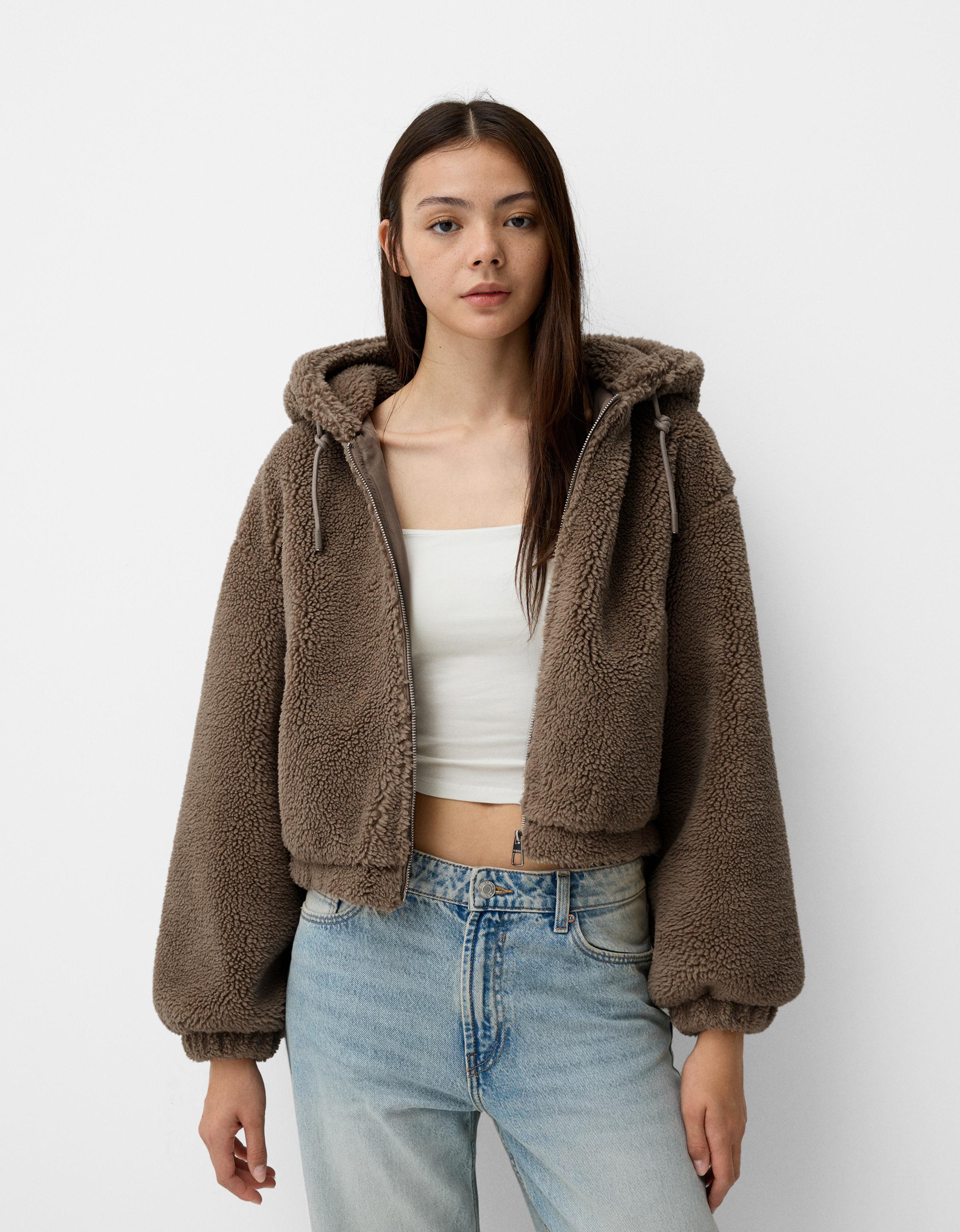 Bershka Jacke Aus Lammfellimitat Mit Kapuze Damen Xs Nerzfarbe