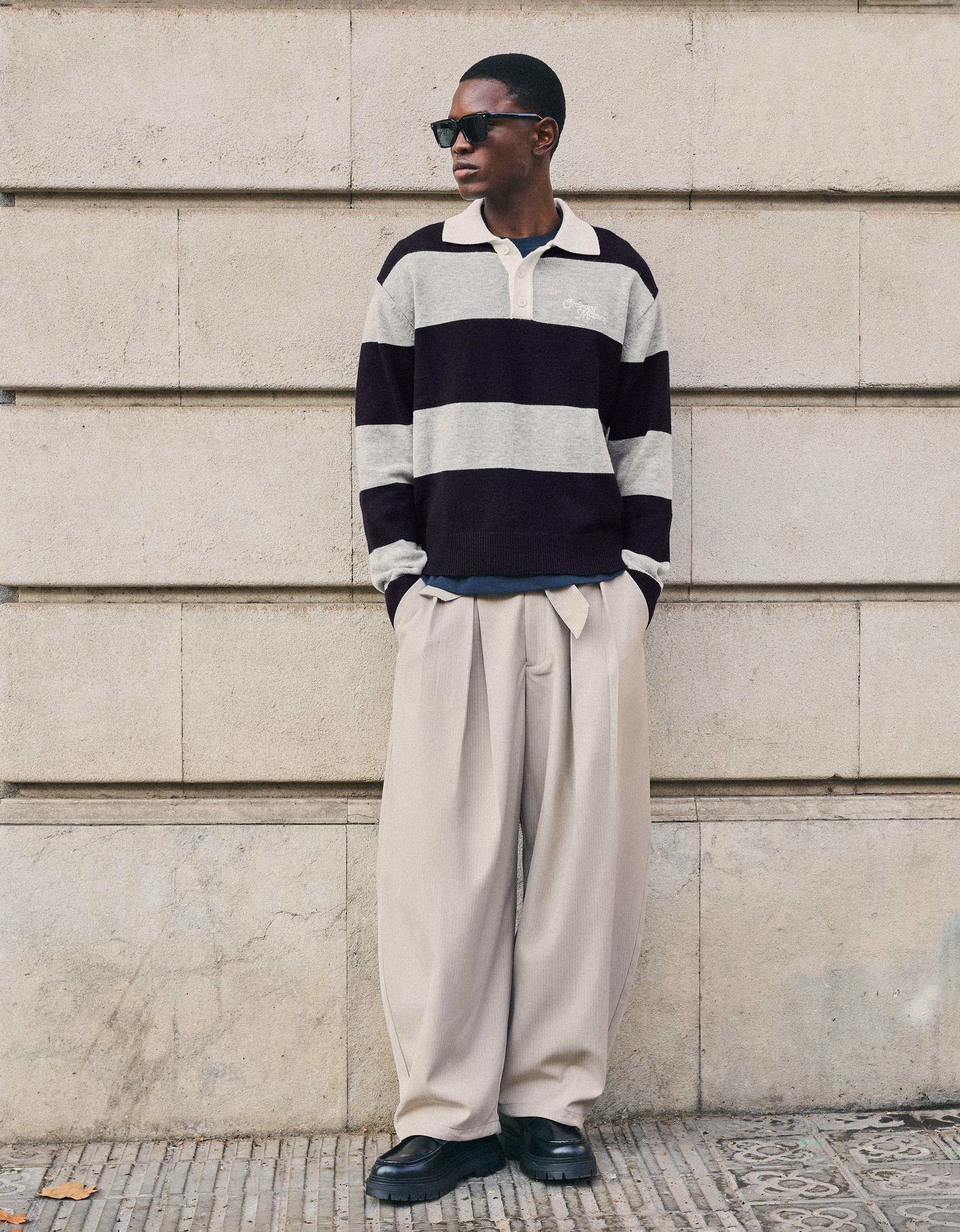 Contrast stripe polo collar jumper — Navy