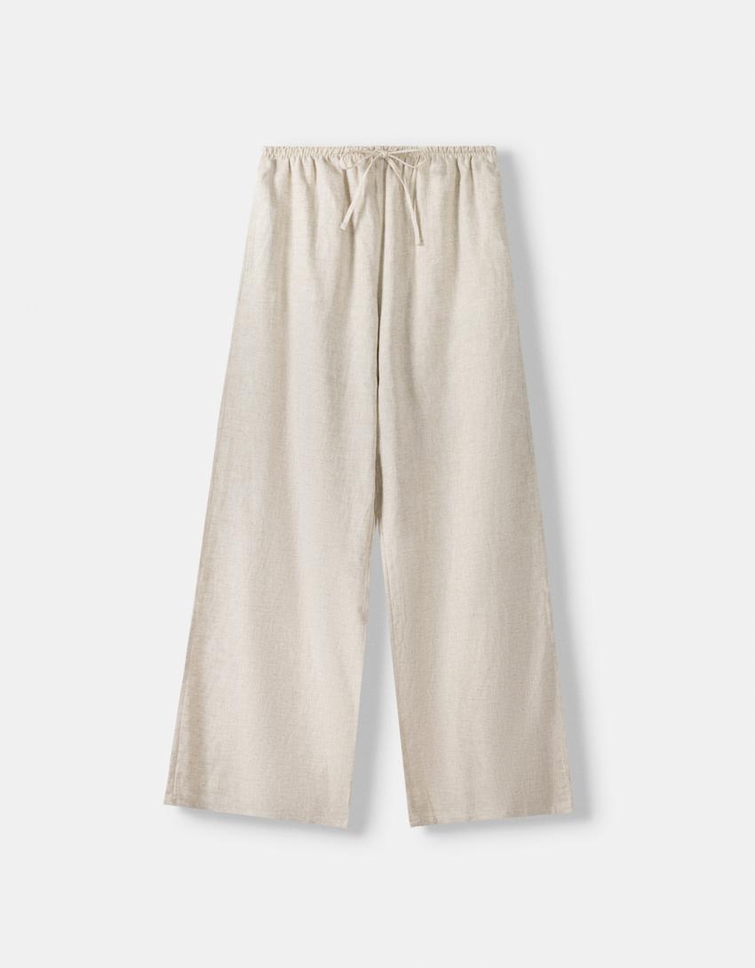 Straight-leg trousers with linen and an elastic waist-Cream-5