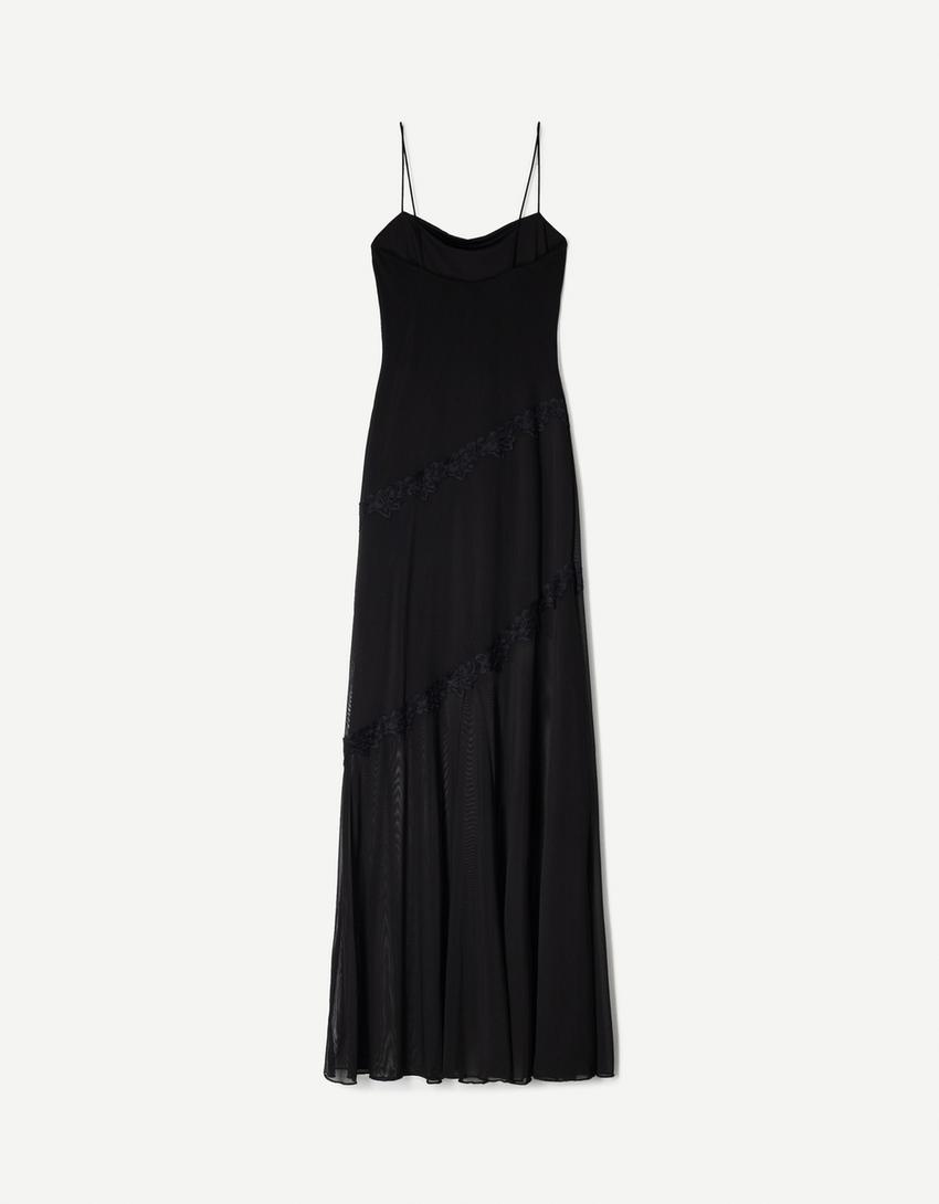 Blonde lace and tulle midi dress-Black