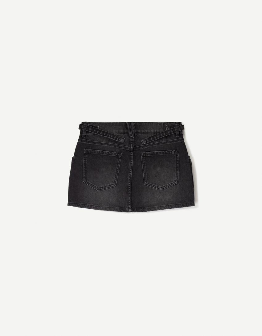Denim cargo skirt with straps-Black-4