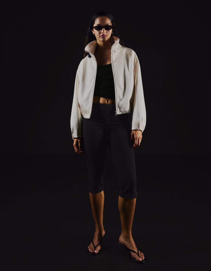 Satin high neck jacket-Cream