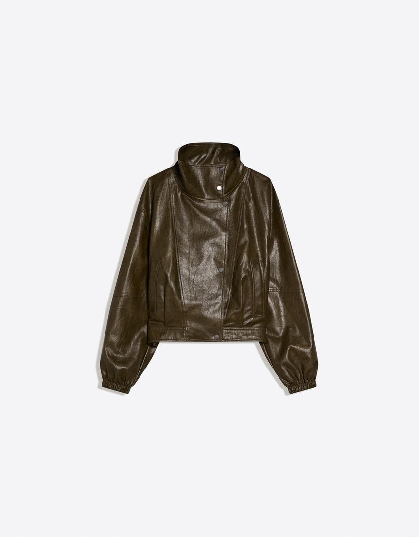 Faux leather jacket with lapels-Khaki