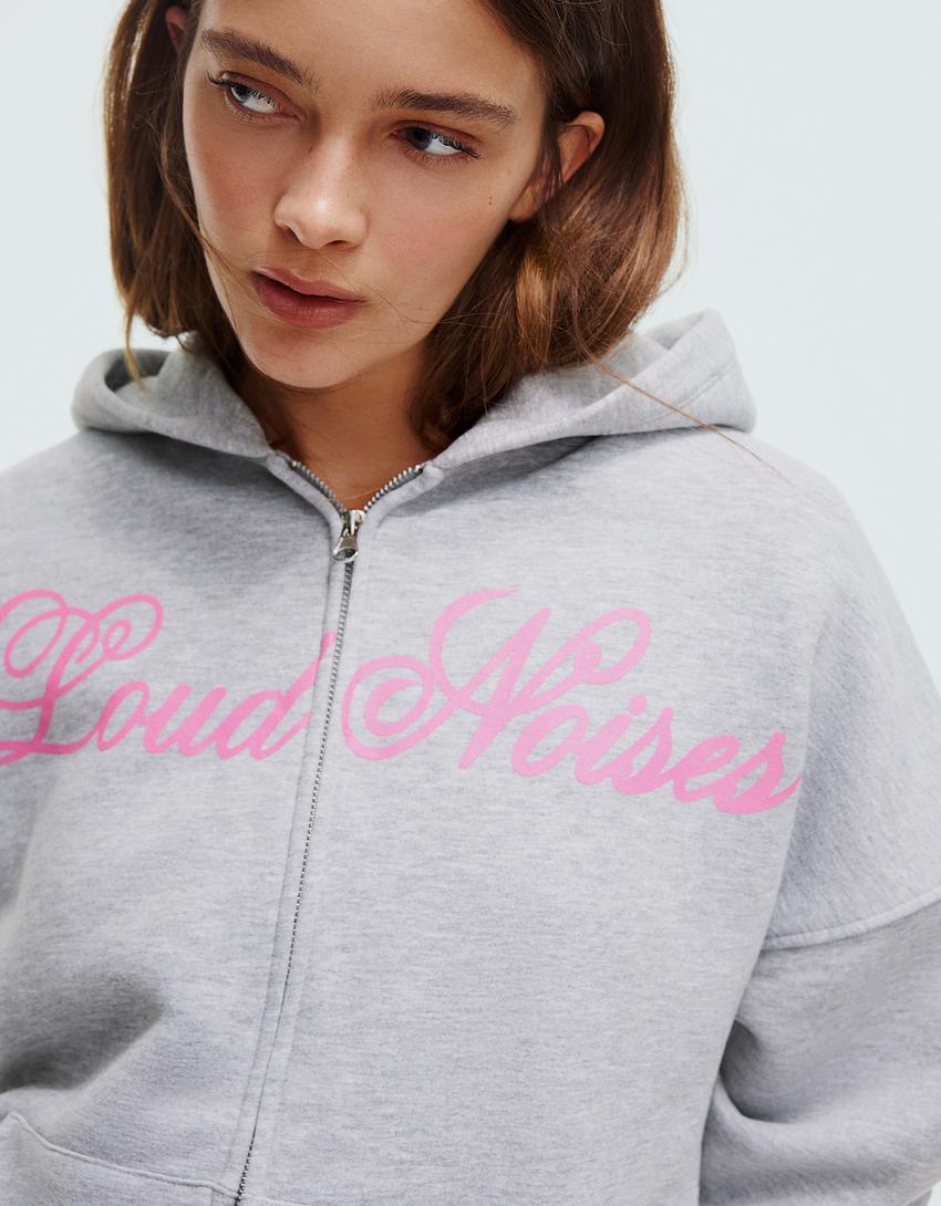 Baskılı oversize kapüşonlu fermuarlı sweatshirt-Gri