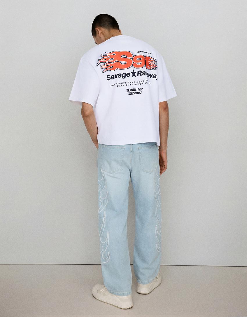Jeans baggy fit écusson-Bleu clair