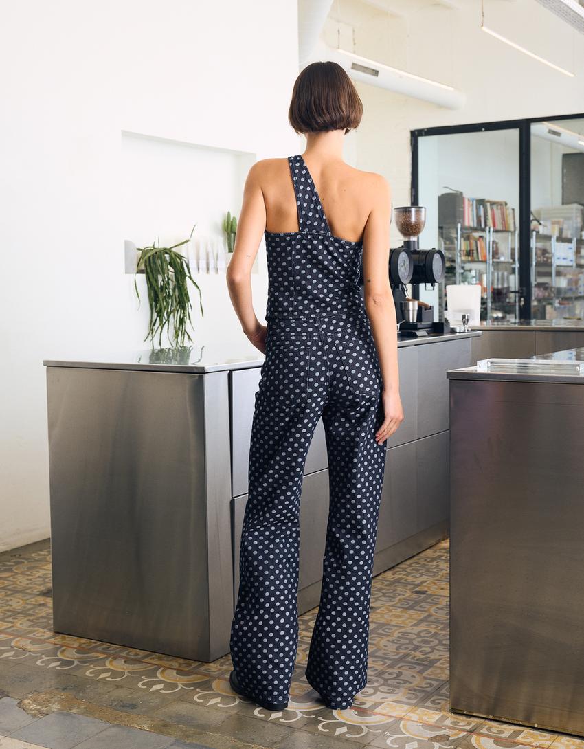 Asymmetric polka dot denim top-Navy