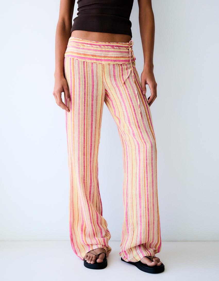 Striped linen blend trousers-Yellow