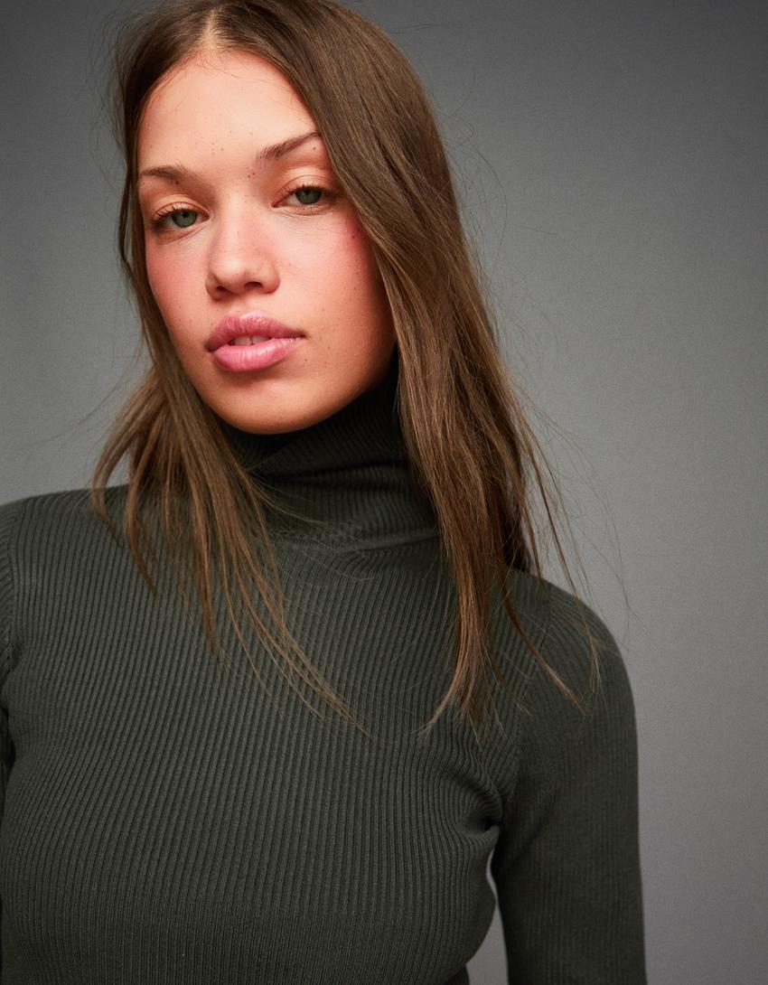 Sweter rib z golfem-Khaki