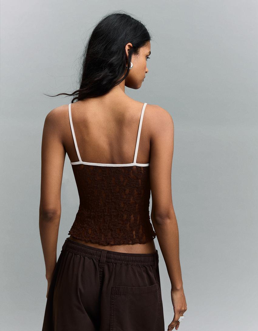 Lace bow strappy top-Brown
