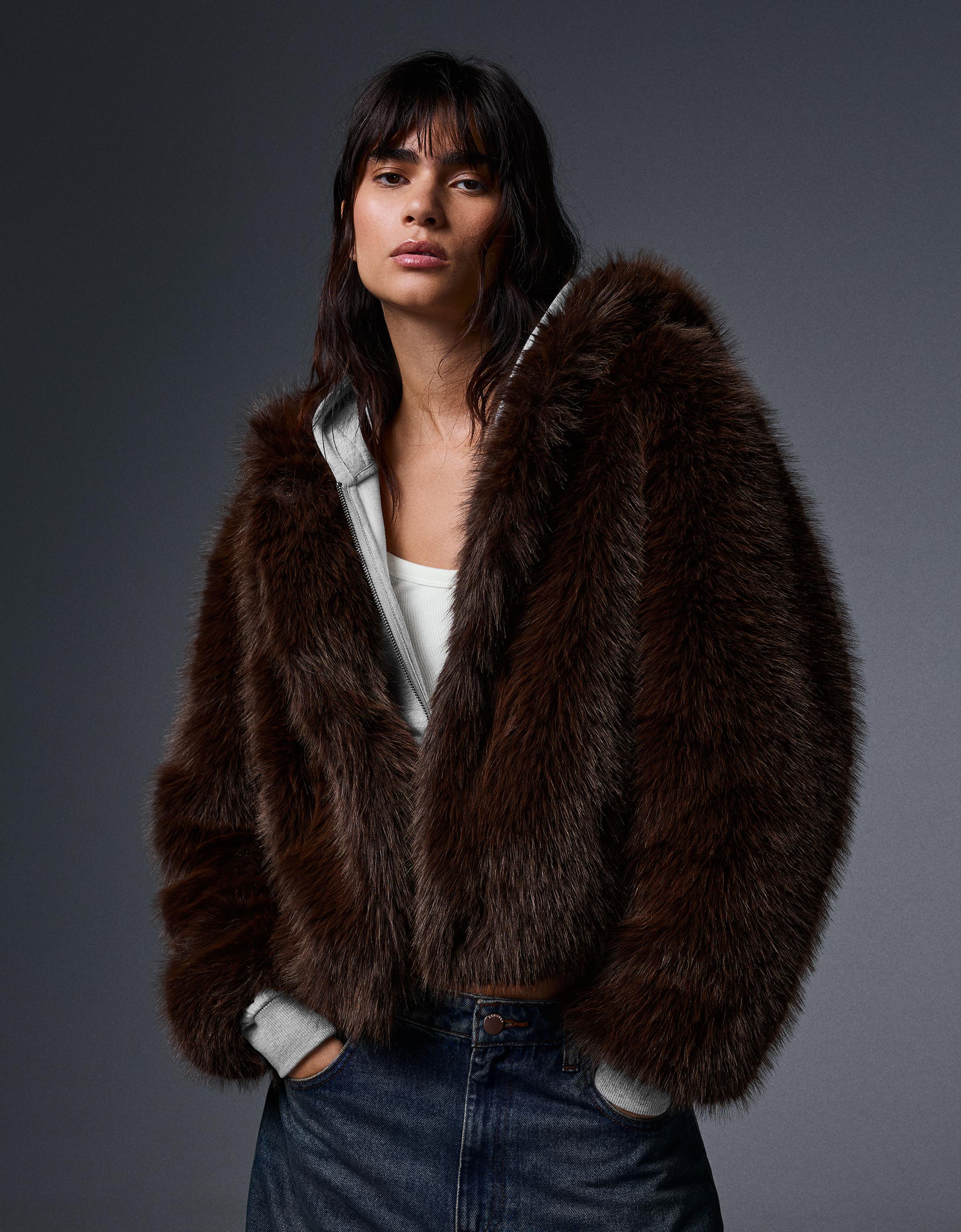 Faux fur hooded jacket — Brown