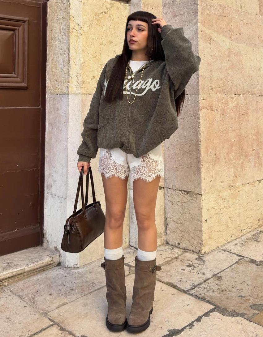 Baskılı şönil kapüşonlu fermuarlı sweatshirt-Gri