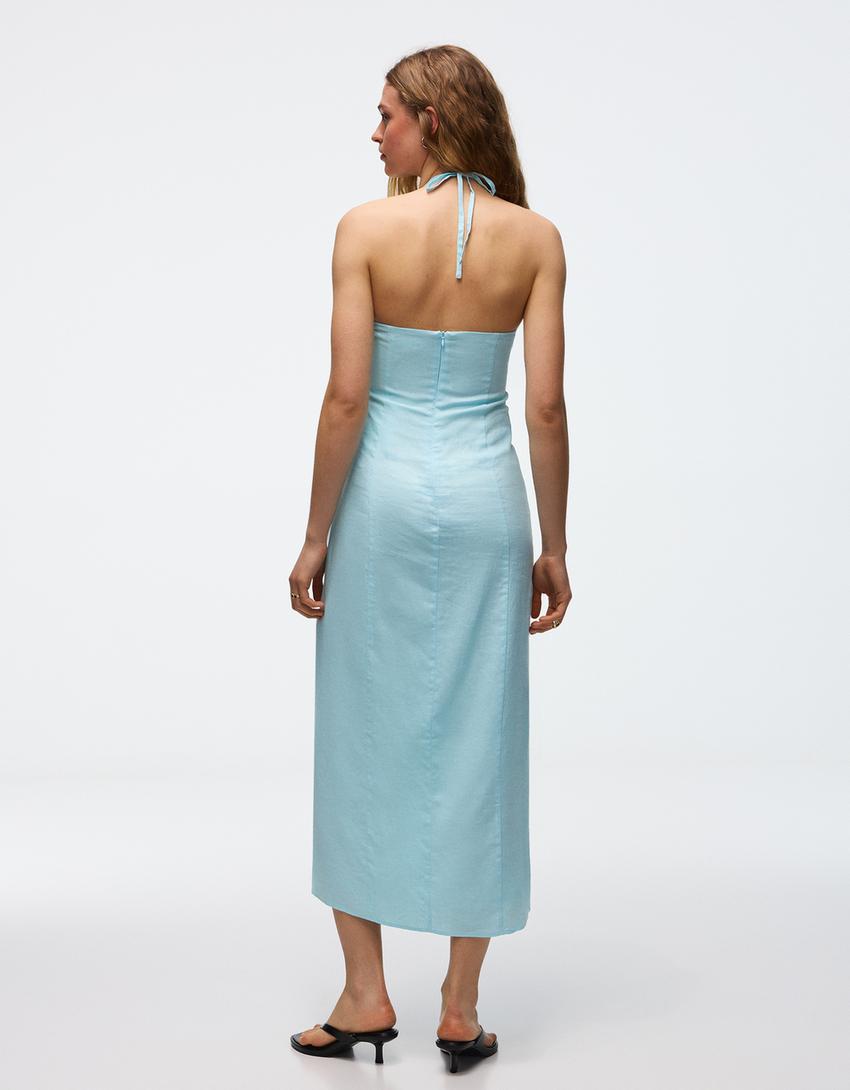 Linen blend halter midi dress-Turquoise