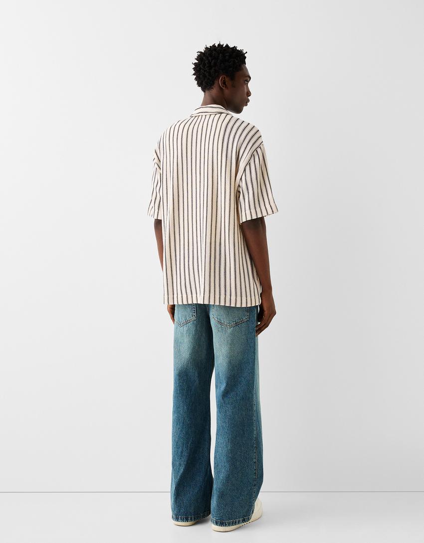 Chemise manches courtes texturée rayures-Blanc / Noir-1