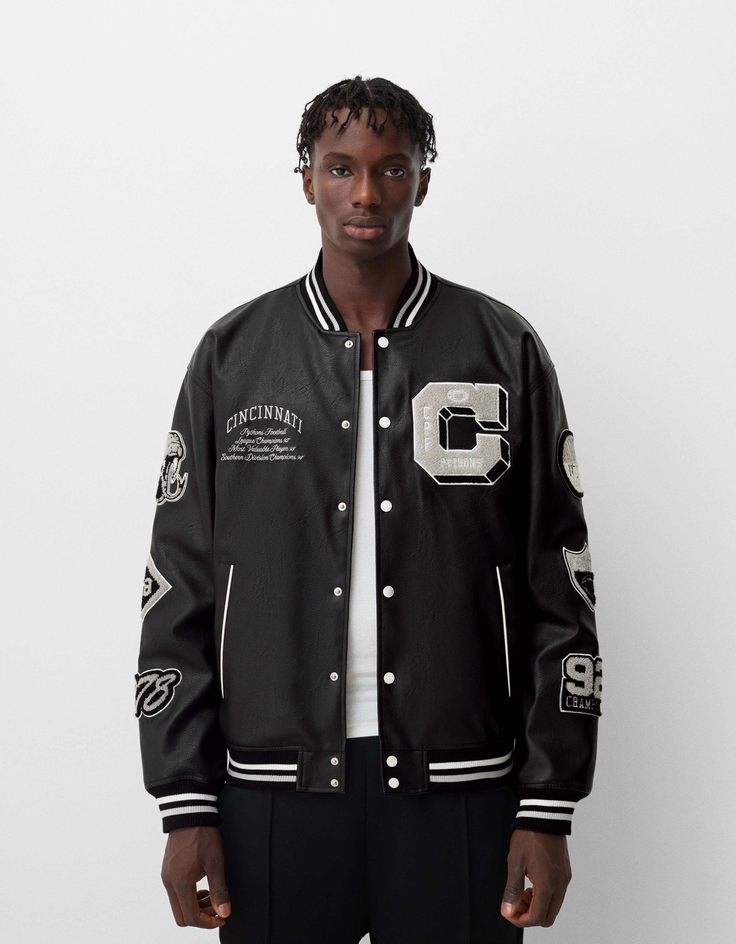 Cazadora bomber efecto piel varsity Hombre Bershka