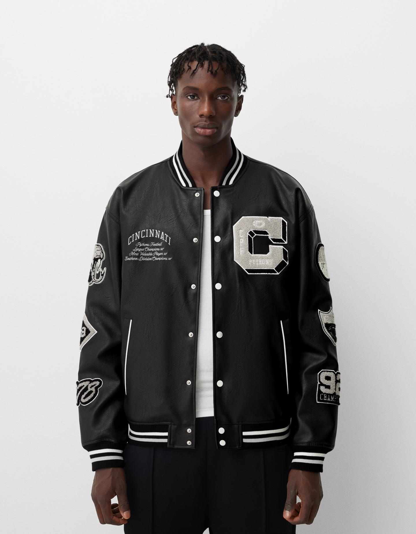 Bershka Cazadora Bomber Efecto Piel Varsity Hombre M Negro