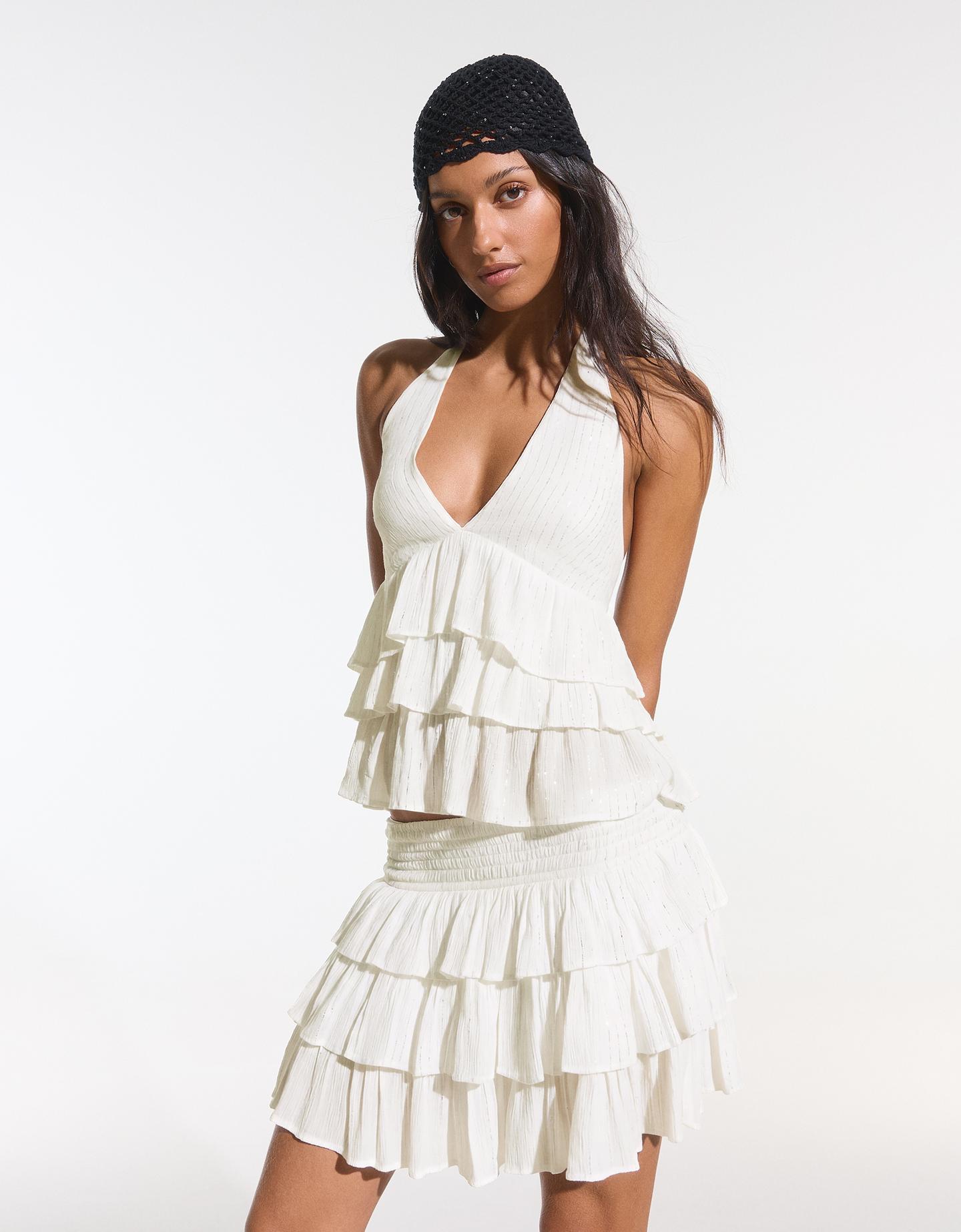 Bershka top halter z falbankami biały