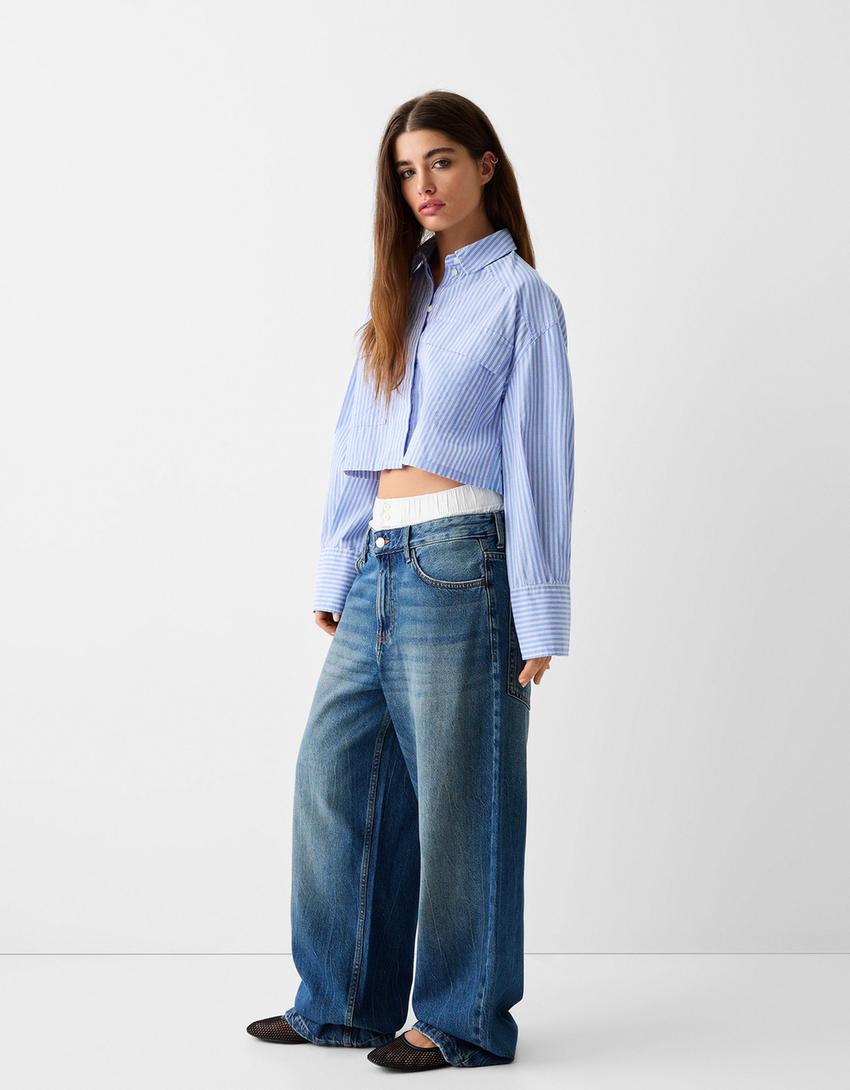 Long sleeve cropped poplin shirt with pocket-Blue