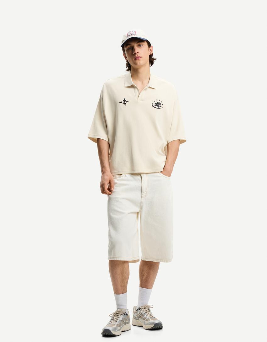 Printed oversize short sleeve polo shirt-Cream