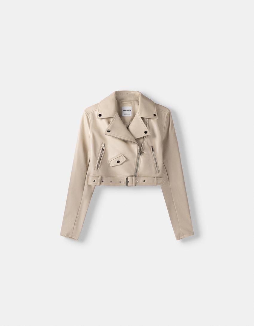 Blusão biker com efeito de pele e cinto-Cru-5