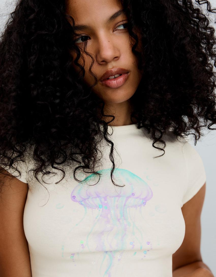Short sleeve sequinned print T-shirt-Cream