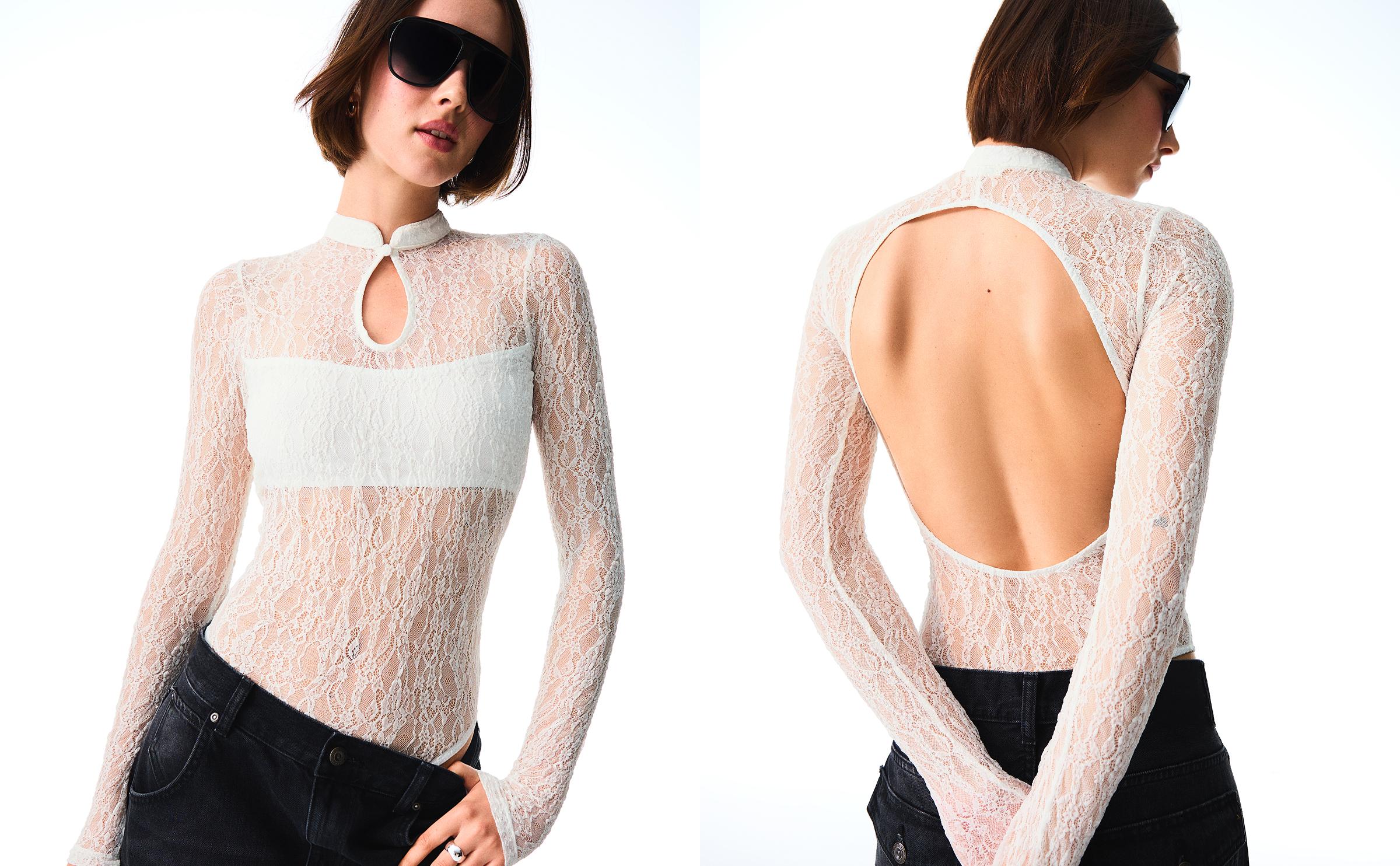 Long sleeve lace bodysuit with split neckline — Off white