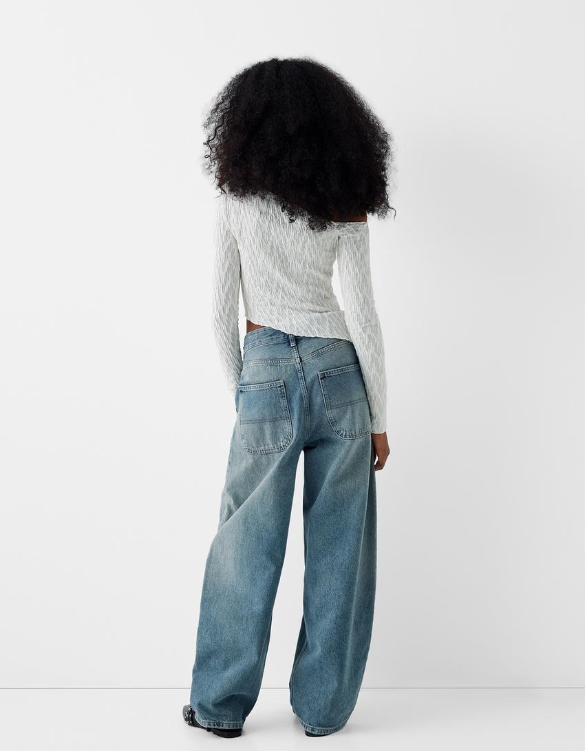 Long sleeve waffle-knit T-shirt with asymmetric hem-Off white-1